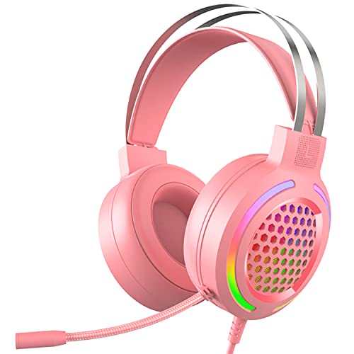 Gaming Headset with 7.1 Surround Sound,PC Lightweight Headset with Noise Canceling Mic,Bass Surround,Soft Memory Earmuffs,Rainbow LED Backlit for PC,PS4,Xbox One Controller(Adapter Not Included)(Pink)