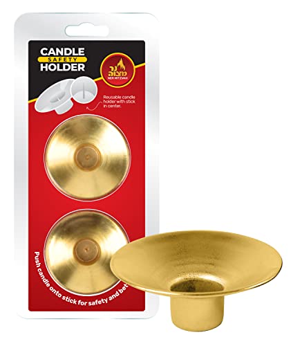 Reusable Metal Candlestick Liners and Drip Guards - Safety Pin Holds Candles in Place - Nickel Plated Protector Bobeches - Gold - 2 Pack - by Ner Mitzvah