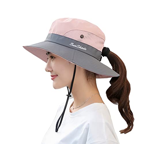 NPJY Ponytail Sun Hat Womens Men 3” Wide Brim UPF 50+ Fishing Beach Bucket Hats Pink&Grey