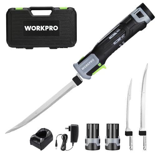 WORKPRO 12V Cordless Electric Fillet Knife with 8'' and 10'' Razor-Sharp Blades, Cordless Fillet Knife with Non-slip Grip Handle and Safety Lock, 2 Rechargeable Battery Packs, 1 Quick Battery Charger, and 1 Storage Carry Case for Fishing, Filleting, Outdoors