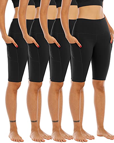 WHOUARE 4 Pack Biker Yoga Shorts with Pockets for Women,High Waisted Athletic Running Workout Gym Shorts Tummy Control,Black,Black,Black,Black,XL