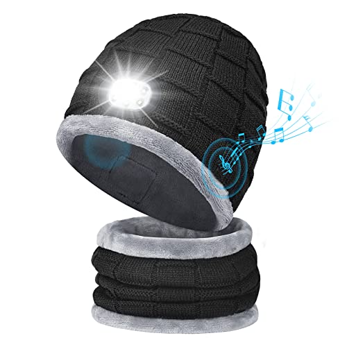Beanie Bluetooth Hat with Bright LED Light Scarf Set Warm Knit Hat Thick Flannel Lined Wireless Winter Cap Neck Warmer Black