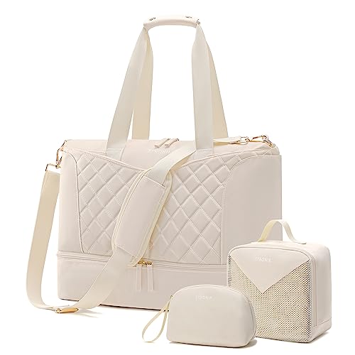 ETRONIK Weekender Bag for Women, Gym Bag 3 Pcs Set with USB Charging Port, Travel Duffle Bag with Shoe Compartment, Carry on Bag Overnight Bag for Women Travel Gym, Beige Medium