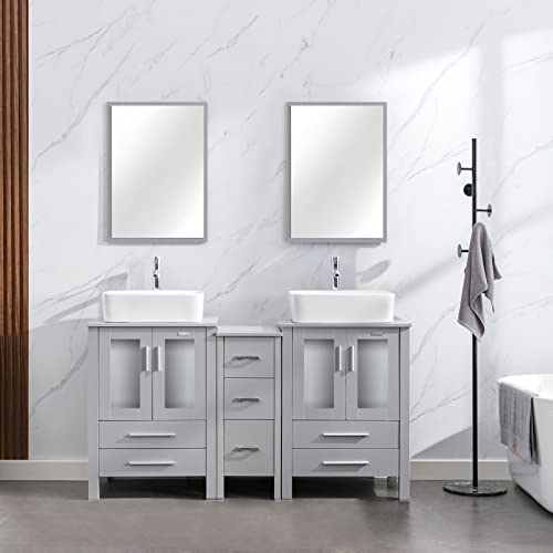 eclife 60” Bathroom Vanity Sink Combo Grey W/Side Cabinet Set White Rectangle Ceramic Vessel Sink & Chrome Water Save Faucet & Solid Brass Pop Up Drain, W/Mirrors (T03 B02G)