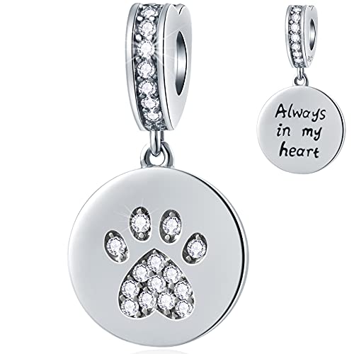 Round Shape Dog/Cat Paw Print CZ Charm, fit Pandora Animal Bracelet, 925 Sterling Silver Always in My Heart Puppy Pawprint Pendant Beads, Gifts for Christmas/Mothers Day