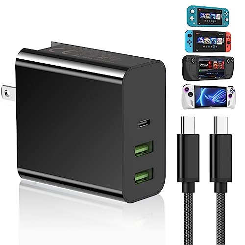 USB C Charger for Steam Deck/OLED & ROG Ally, 65W 45W 3 Port Fast PD Foldable Power Adapter for Stream Deck with 6.6FT Type-C Cable, Travel Charger for Switch/Xbox/PS5/Tablet/Laptop/Phone
