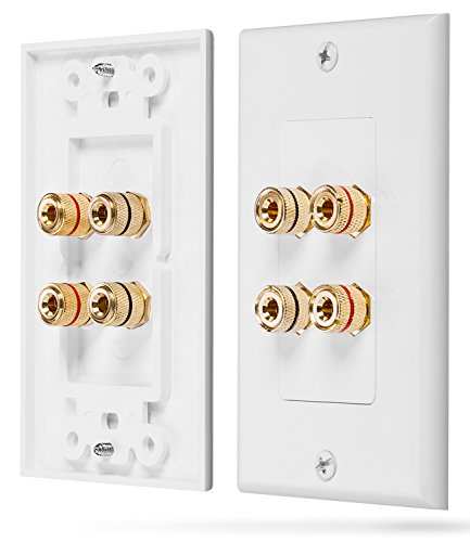 Fosmon Home Theater Wall Plate - Premium Quality Gold Plated Copper Banana Binding Post Coupler Type Wall Plate (White) (Two Speaker)