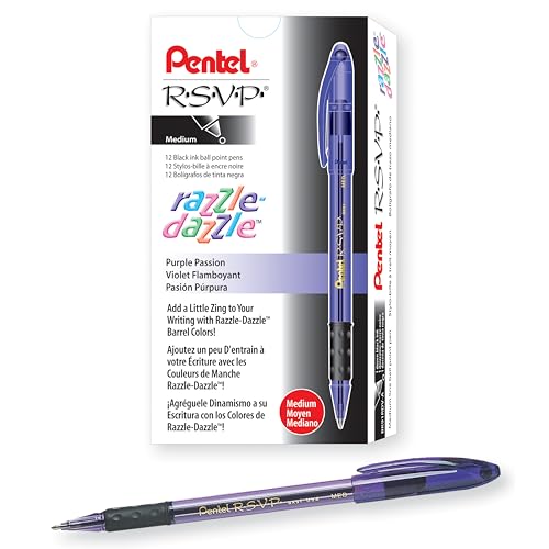 Pentel RSVP Razzle-Dazzle Ballpoint Pen, (1.0mm) Medium Line, Violet Barrel, Black Ink, Box of 12 (BK91RDV-A)