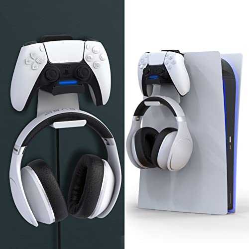 Foamy Lizard PS5 Controller Charger Console and Wall Mount for Playstation 5 DualSense Fast Charging Station Hanging Dock, Headphone Hook, LED Indicator, Overcharge Protection (PS5 White+Black)