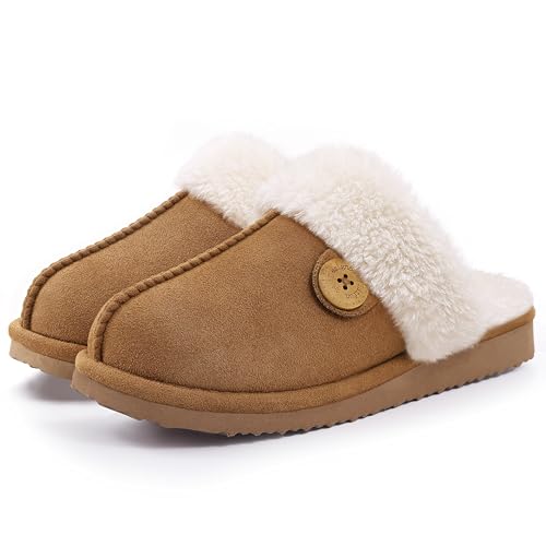 Litfun Fuzzy Slippers for Women with Memory Foam Winter Fluffy House Shoes Indoor Outdoor, Khiki Women Size 8-8.5