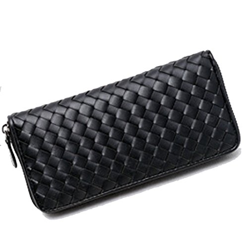 Women Woven Leather Zipper Long Purse Wallet Card Holder (Black)