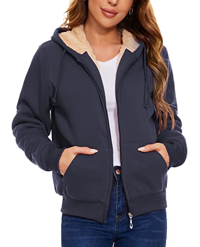 JACKETOWN Fall Jackets for Women Fleece Lined Hoodie Zip Up Heavy Hooded Sweatshirt Blue 2XL