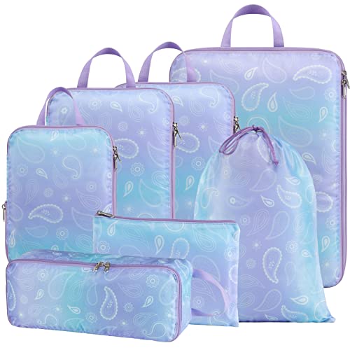 Cambond Compression Packing Cubes for Suitcases - 7 Pack Luggage Travel Packing Organizers Compression Cubes for Travel Essentials with Laundry Bag and Underwear Bag (Blue Purple Gradient)