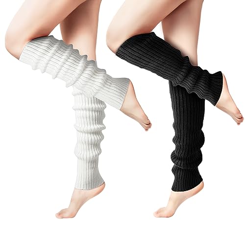 Clothirily Leg Warmers - Fashion Knit Neon Leg Warmers for Women 80s Sports Party Yoga Accessories 2 Pairs, Black & White