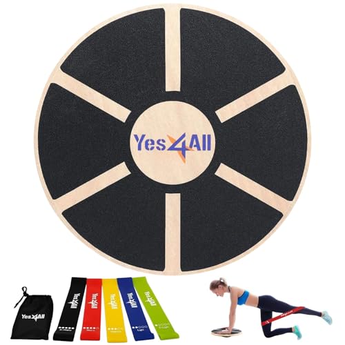 Yes4All Combo Wooden Wobble Balance Board & Loop Resistance Bands for Physical Therapy, Core Training, Home Gym Workout - Black