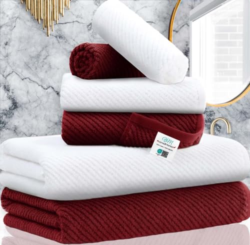 Bathroom Towel Set, Luxury 6PCS Gift Set, 2 Large Bath Towels 30'×56', 2 Hand Towels 18'×28', 2 Wash Cloths 13'×13', 100% Cotton | Quick Dry | Soft | Thick,Bathroom Towels Gift Set, Red and White
