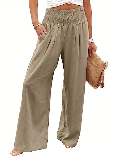 ANRABESS Women Linen Palazzo Pants Summer Boho Wide Leg High Waist Casual Lounge Pant Trousers with Pockets 1091qianzong-XL Brown