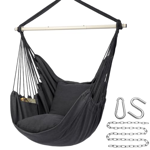 Y- Stop Hammock Chair Hanging Rope Swing Chair, Max 500 Lbs, 2 Seat Cushions Included, Removable Steel Spreader Bar with Anti-Slip Rings, Hardware kit-for Indoor or Outdoor(Dark Grey)