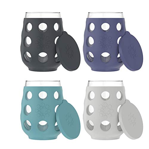 Lifefactory Wine Glass with Wine Covers and Protective Silicone Sleeve, 4 Count (Pack of 1), Carbon, Dusty Purple, Aqua Teal, Stone Gray