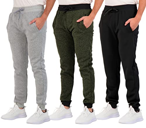 Real Essentials Mens Joggers Sweatpants Fleece Pants Sweat Clothing Pockets Baggy Elastic Cuffed Workout Bottom Athletic Soft Warm Winter Jogging Gym Active Track Work Tapered, Set 3, L, Pack of 3