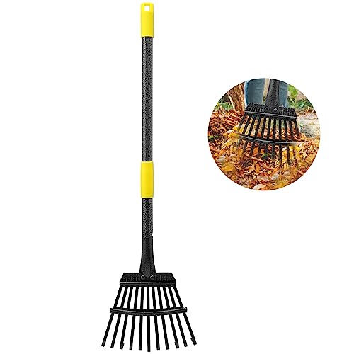 Oliynedy Leaf Rake for Gardening, Adjustable Metal Garden Rake for Leaves Long Handle 30-60', 11 Tines 9' Wide Small Lawn Collapsible Yard Adult Kids Rake for Camping Flower Beds Mulch Shrub