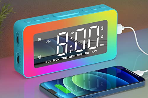 RGB Night Light Alarm Clock for Kids, Teenagers, Adults, Mirrored Clock with Dual Alarms, Snooze, 8 Sleep Sounds, Timer, LED Display, USB Charger, Small Dimmable Digital Alarm Clocks for Bedrooms