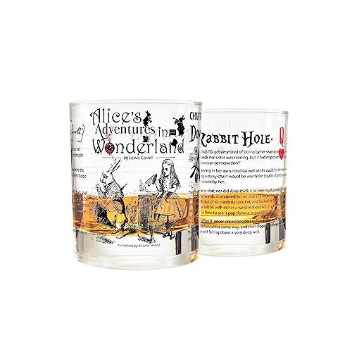 Greenline Goods Whiskey Glasses - Alice in Wonderland (Set of 2) | Literature Rocks Glass with Lewis Carroll Book Images & Writing