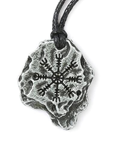 HAQUIL Viking Helm of Awe Necklace - Metal Alloy, Aegishjalmr Stone Protection Talisman Pendant - Waxed Cotton Cord, 19.7'