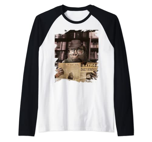 Ape Apes Chimp Chimpanzee Wearing Glasses Reading Newspaper Raglan Baseball Tee