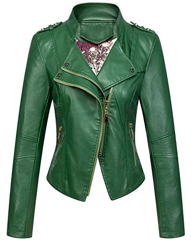 chouyatou Women's Candy Color Asymmetric Zip Slim Faux Leather Cropped Moto Jacket (Large, Green)