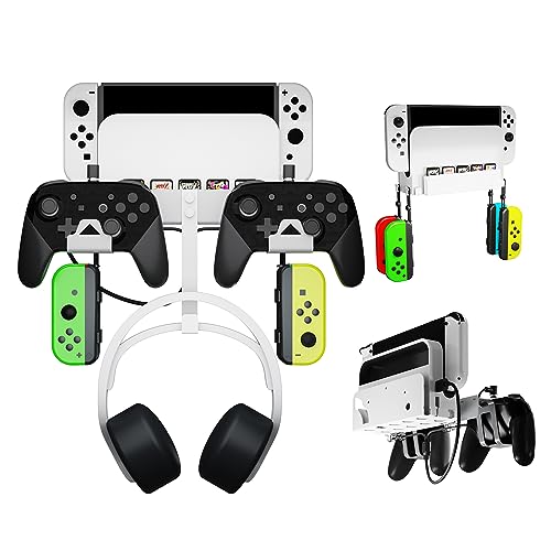 QUUREN Wall Mount for Nintendo Switch/Switch OLED, 5-in-1 Metal Wall Mount Kit Accessories with Dual Controller Holder Headphone Hanger 2-in-1 Charge Cable 5 Game Card Slots 4 Joy-Con Hook