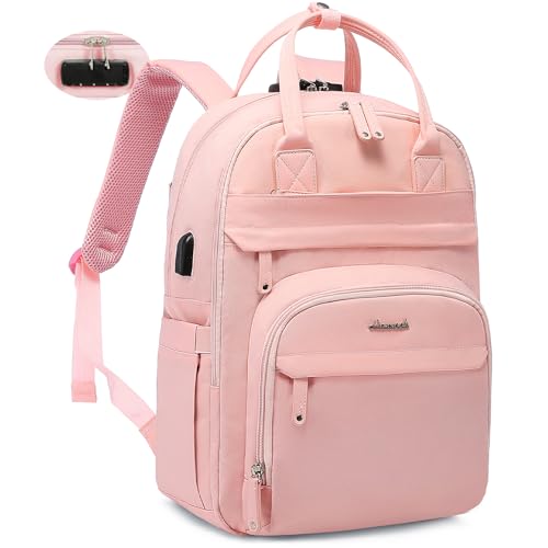 LOVEVOOK Laptop Backpack for Women, Travel Anti-theft Work Bag Business Computer Backpacks Purse College Bag, Casual Hiking Daypack with Lock, 15.6 Inch, Light Pink