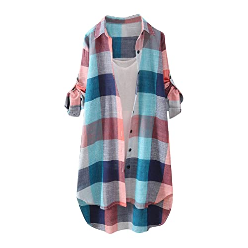 2023 Plaid Shirts for Women Summer Fashion Sexy Oversized Long Button Up Blouses Casual Cute Beach Cover Up Vacation Essentials Ladies Collared Rainbow Flannel Shirts(A-Red,4X-Large)