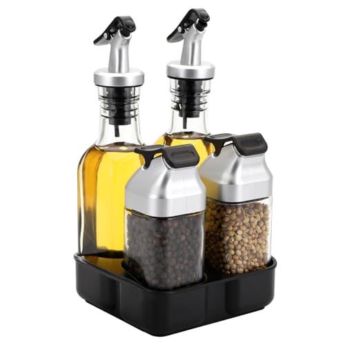 Jucoan Oil Vinegar Salt Pepper Dispenser Set with Caddy, 2 PCS Glass Salt and Pepper Shakers + 2 PCS Oil and Vinegar Cruets +1 Storage Stand for Home Kitchen Table, Leak Proof