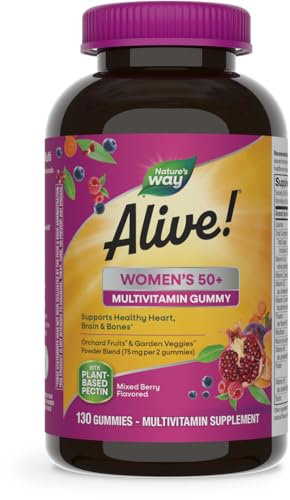 Nature's Way Alive! Women’s 50+ Daily Gummy Multivitamin, Supports Multiple Body Systems*, Supports Healthy Heart, Brain & Bones*, B-Vitamins, Mixed Berry Flavored, 130 Gummies (Packaging May Vary)