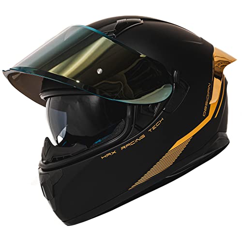 HAX Obsidian Full Face Dual Visor Adult Motorcycle Helmet for Motorbike Street Bike with Pinlock Ready DOT ECE Approved Matte Black Gold M