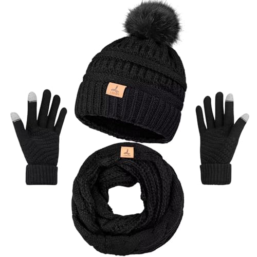 Winter Hat Scarf Gloves, Warm Knit Beanie Pompom Hat Touchscreen Gloves and Face Cover Set Gifts Neck Scarves for Women
