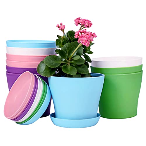 TDHDIKE 10 Pcs 5.5' Plastic Planters Indoor Flower Plant Pots, Medium Flower Seedlings Nursery Pot/Planter with Pallet, Modern Decorative Gardening Containers (Pink/White/Purple/Blue/Green)