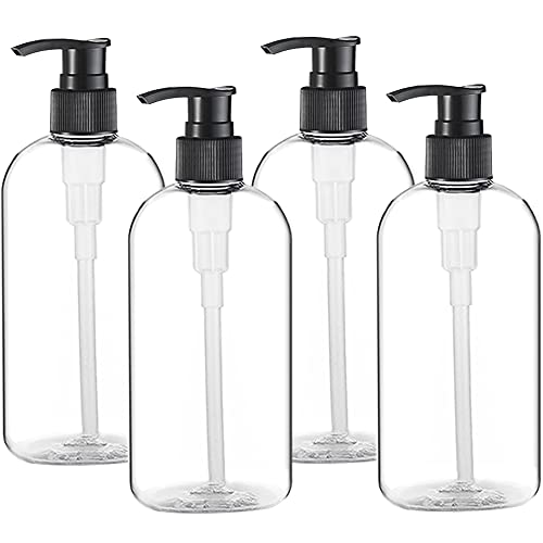 Empty Plastic Pump Bottles Dispenser 4 pack 16oz/500ml Portable Clear BPA-FREE Cylinder Shampoo Lotion Hand Pump Bottle Durable Refillable Containers for Massage Oil, Liquid Soap