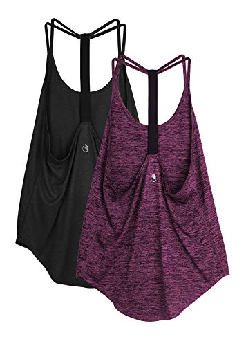 icyzone Workout Tank Tops for Women - Athletic Yoga Tops, T-Back Running Tank Top(Pack of 2) (S, Black/Red Bud)