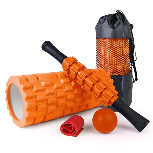 SUBCULTUREPICK 5 in1 Foam Roller Set, Trigger Point Foam Roller, Massage Roller Stick, Massage Ball, Resistance Band for Deep Muscle Massage Pilates Yoga,Fitness Exercise for Whole Body Release