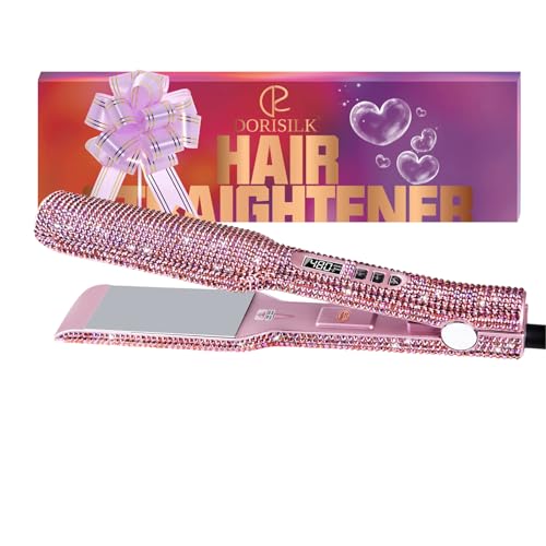 DORISILK Crystal Diamond Professional Hair Straightener, 2 Inch Titanium Flat Iron Bling Rhinestone Straightening Iron Curling 2 in 1, Salon High Heat 480 °F, Instant Heat Up, Dual Voltage, Rose Pink