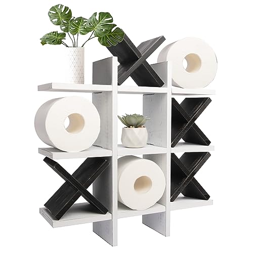 GENMOUS Handmade Tic Tac Toe Toilet Paper Holder For Black and White Bathroom Decor, Funny Wall Mounted Free Standing Toilet Tissue Paper Storage For Kids Guest Restroom Farmhouse Bathroom Decor White