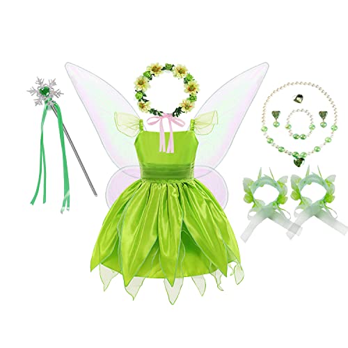 ZALOORIY Tinkerbell Fairy Costume for Girls Princess Dress with Detachable Wings and Accessories (Green, 5-6T)