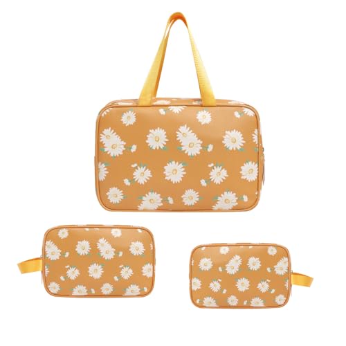 gifts for girl mother, daisy makeup bag floral cosmetic bag set flower toiletry bags leather aesthetic bag sets cute makeup bag organizer portable travel makeup bag (3 piece set) gifts for women