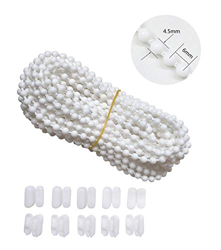 Luanxu 10 Meters (10.94 Yards) with 10 PCS of Connectors for Roller Blind Bead Chain Cord Venetian Honeycomb Vertical Shade Blind Cord for Roller Blind Replacement Parts Repair Fittings (White)