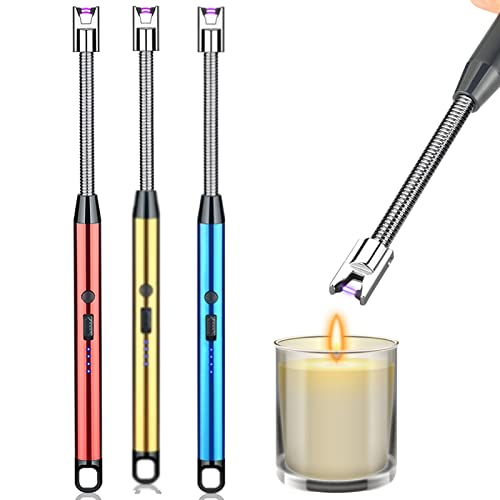 3 Pack Candle Lighter,Arc Lighter with USB Charging,Flameless Windproof,LED Battery Display,Safety Switch,Rotate 360 Degrees,for Aromatherapy,Candles,BBQ,Camping.(Red&Golden&Blue)