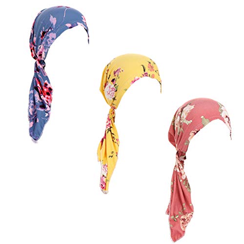 Pre Tied Head Scarves 3 Packed Slip On Beanies Chemo Covers Cap for Women (D9-Long Strap-3 Packed)