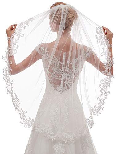 EllieHouse Womens Short Fingertip Length 1 Tier Lace Ivory Wedding Bridal Veil with Metal Comb L69IV