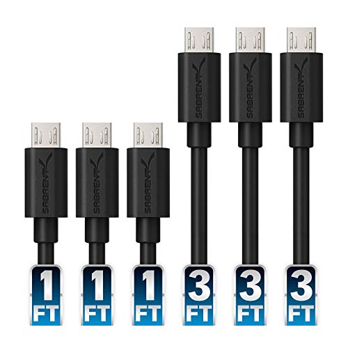 SABRENT [6-Pack 22AWG Premium Micro USB Cables (X3-3ft + X3-1ft) High Speed USB 2.0 A Male to Micro B Sync and Charge Cables [Black] (CB-U631)